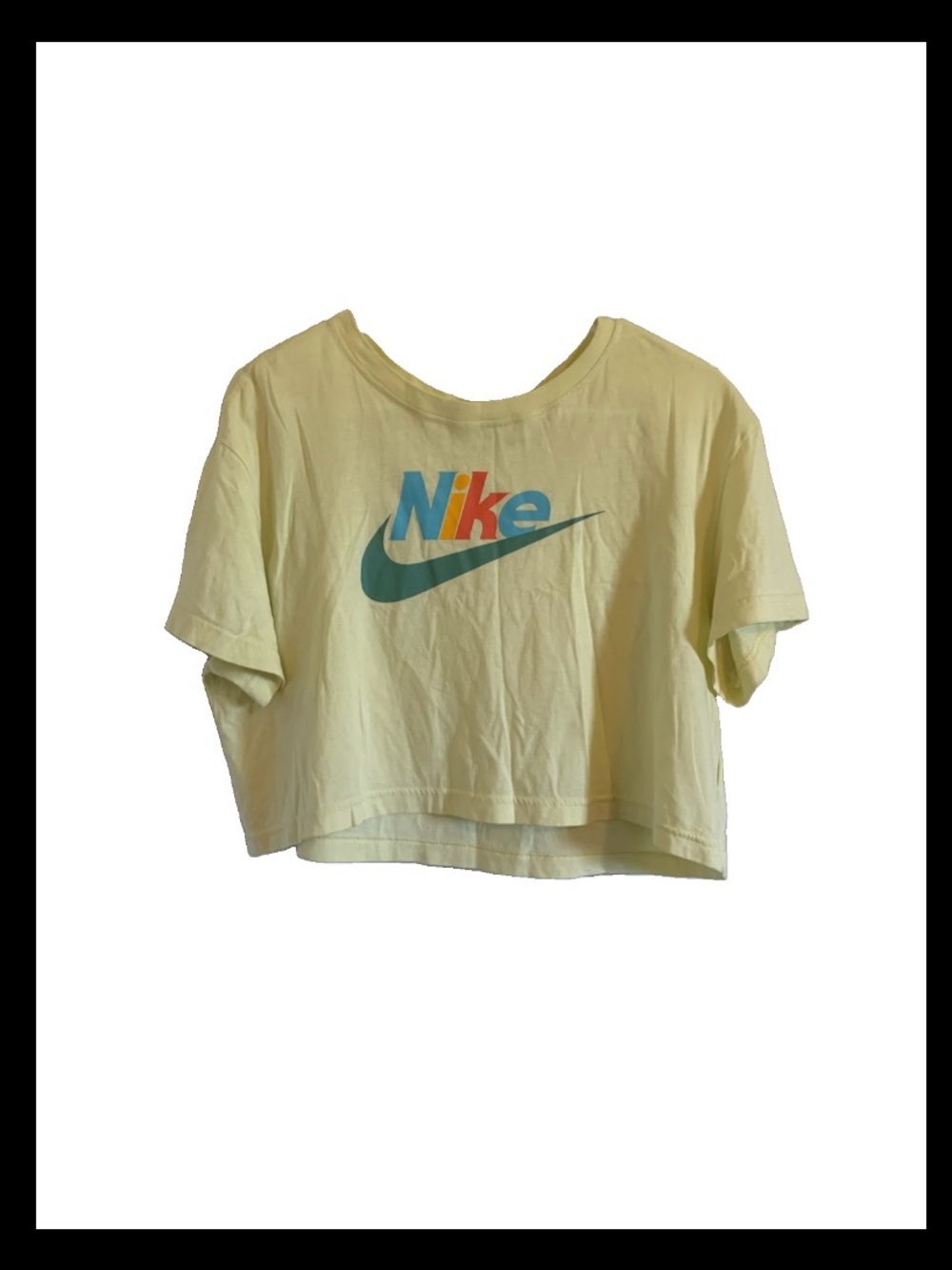 Nike Women's Pale Yellow Cropped Logo Tee with Teal Accent